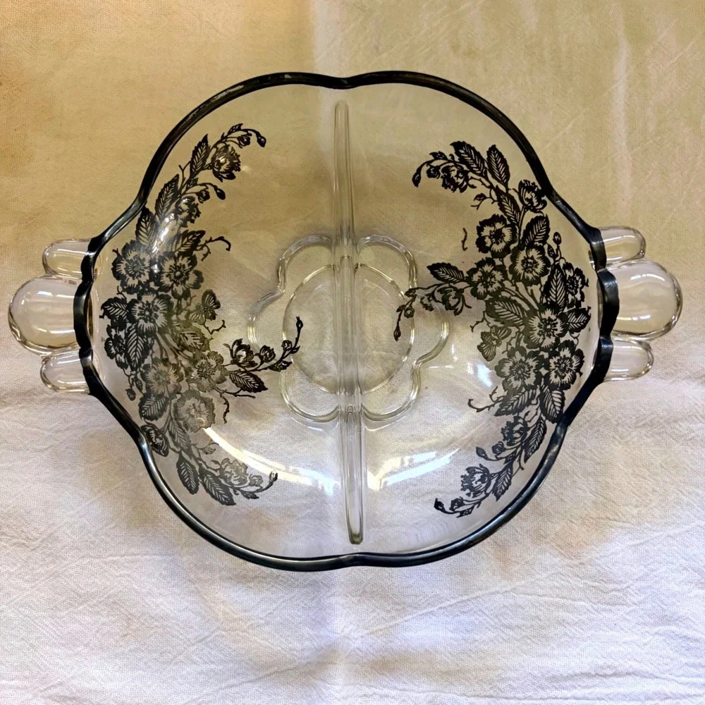 Vintage 2-part relish tray Blossom Time Silver Overlay Divided Glass Relish Dish